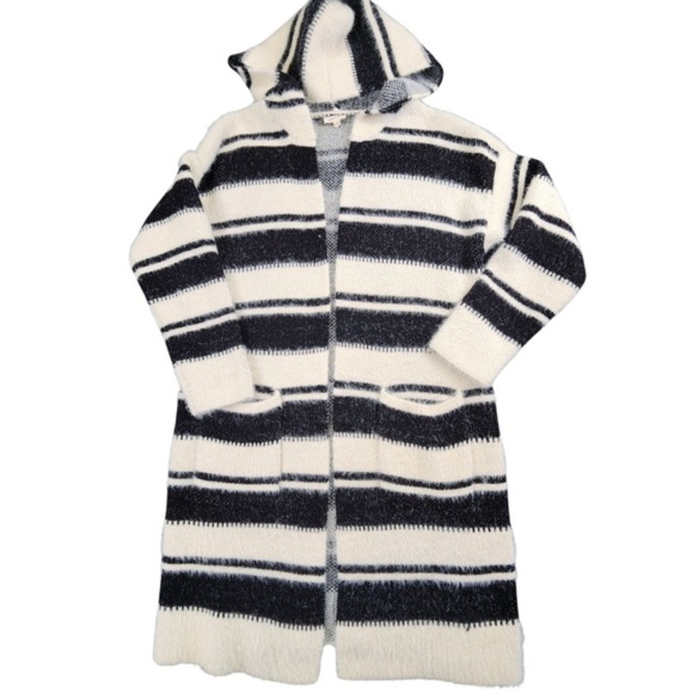 Emory Park L Super Soft Black and White Open Cardigan Hood Sweater Pockets Warm‎
